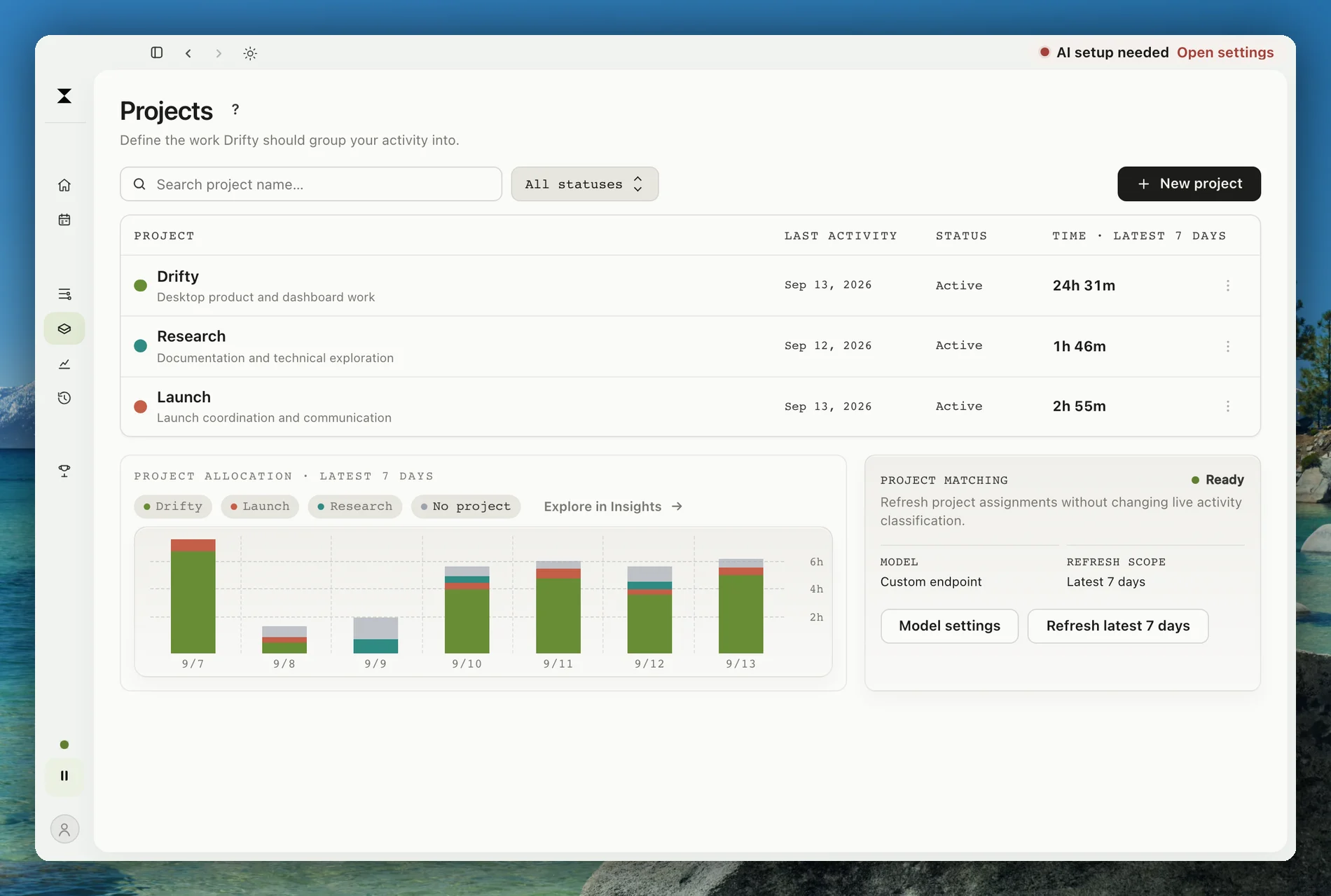 Current drifty Projects view with personal projects, their latest activity, and the seven-day allocation chart